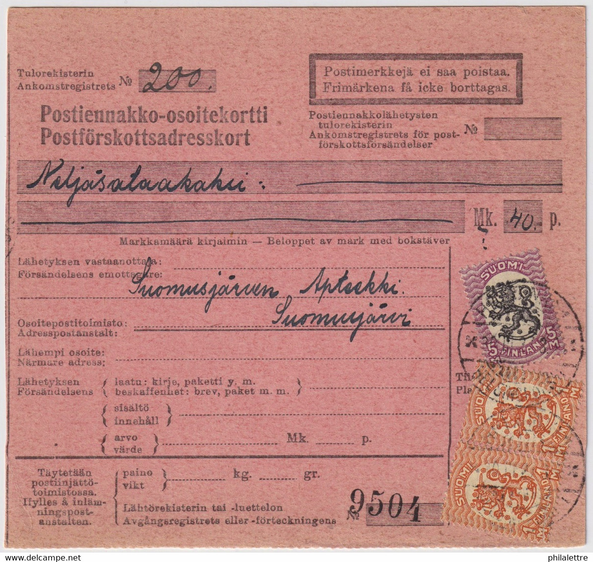 FINLANDE / SUOMI FINLAND 1927 HELSINKI To SUOMUSJÄRVI - Postiennakko-Osoitekortti / COD Address Card - Storia Postale