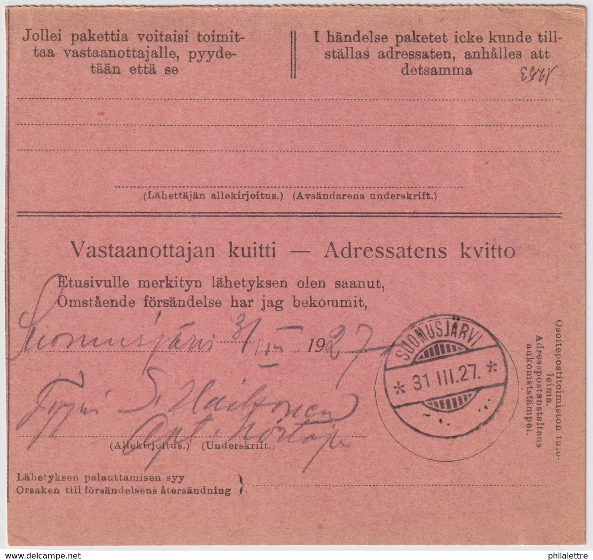 FINLANDE / SUOMI FINLAND 1927 HELSINKI To SUOMUSJÄRVI - Postiennakko-Osoitekortti / COD Address Card - Brieven En Documenten