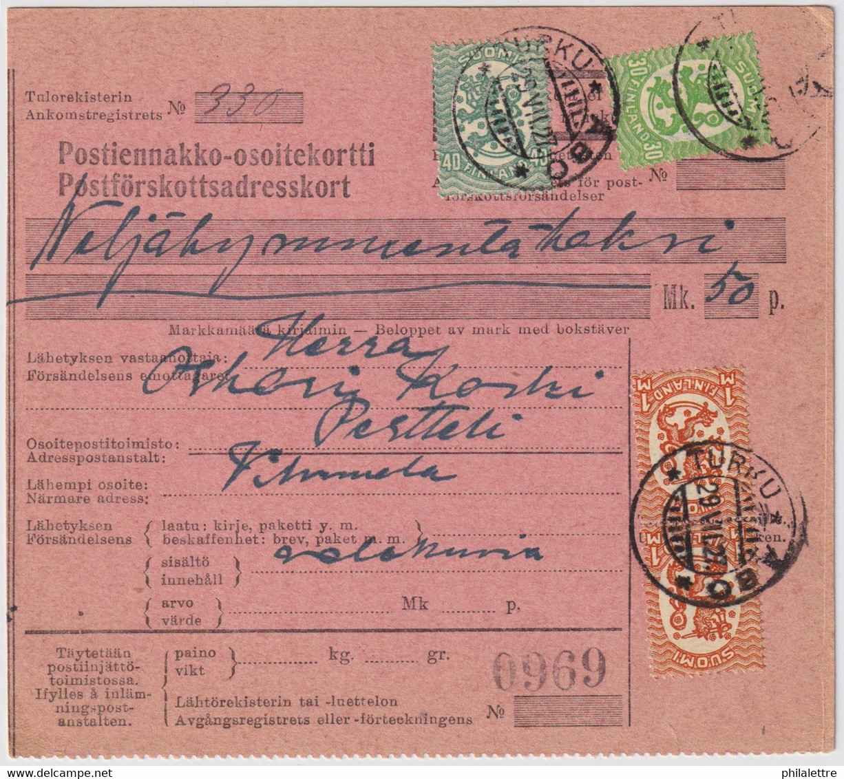 FINLANDE / SUOMI FINLAND 1927 TURKU-ÅBO To PERTTELI - Postiennakko-Osoitekortti / COD Address Card - Lettres & Documents