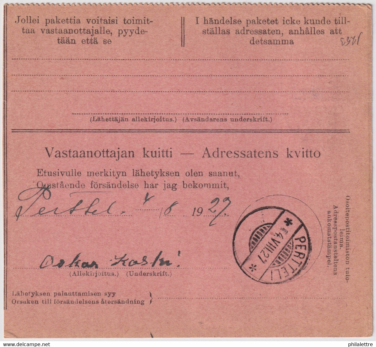 FINLANDE / SUOMI FINLAND 1927 TURKU-ÅBO To PERTTELI - Postiennakko-Osoitekortti / COD Address Card - Storia Postale