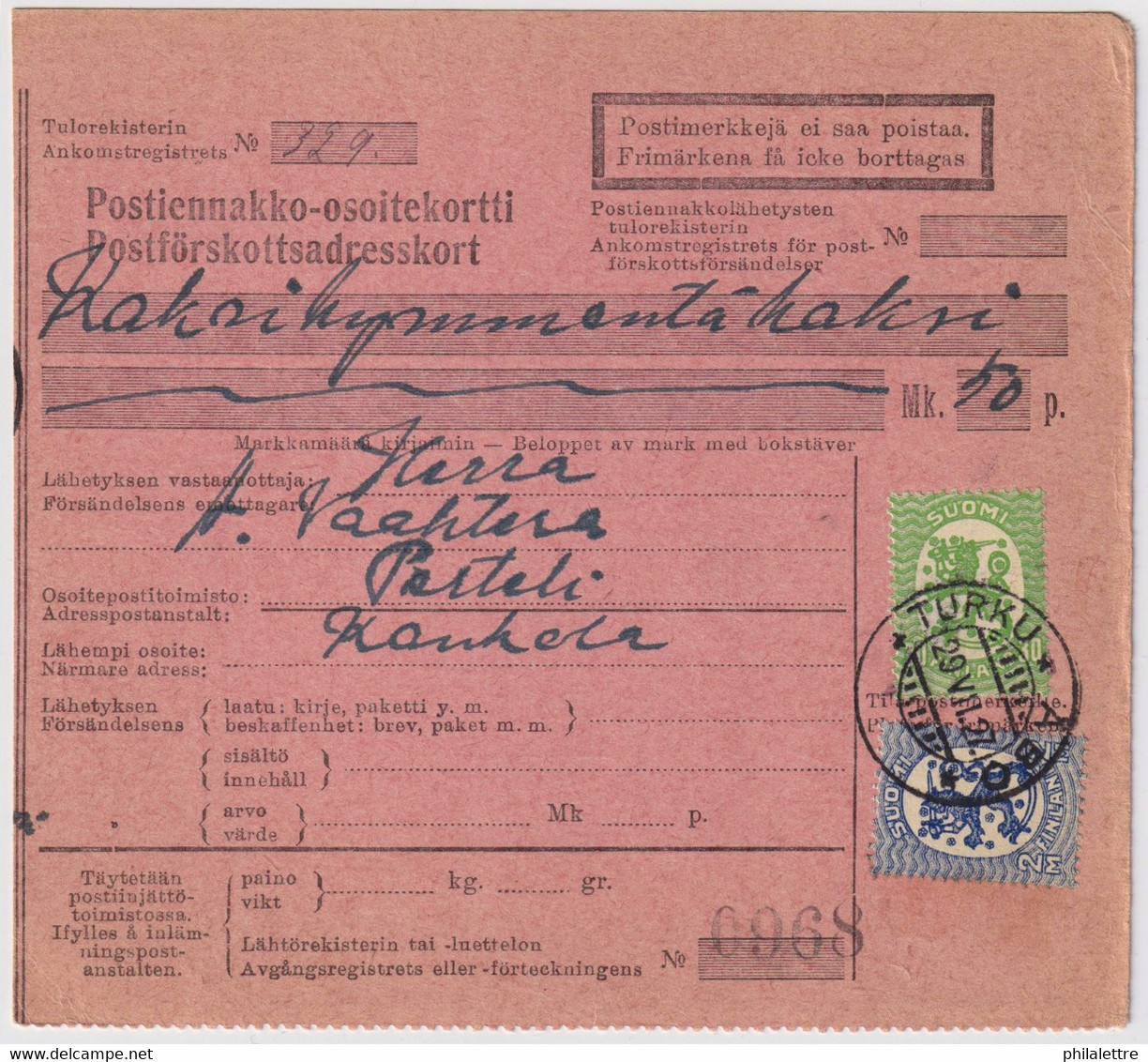 FINLANDE / SUOMI FINLAND 1927 TURKU-ÅBO To PERTTELI - Postiennakko-Osoitekortti / COD Address Card - Brieven En Documenten