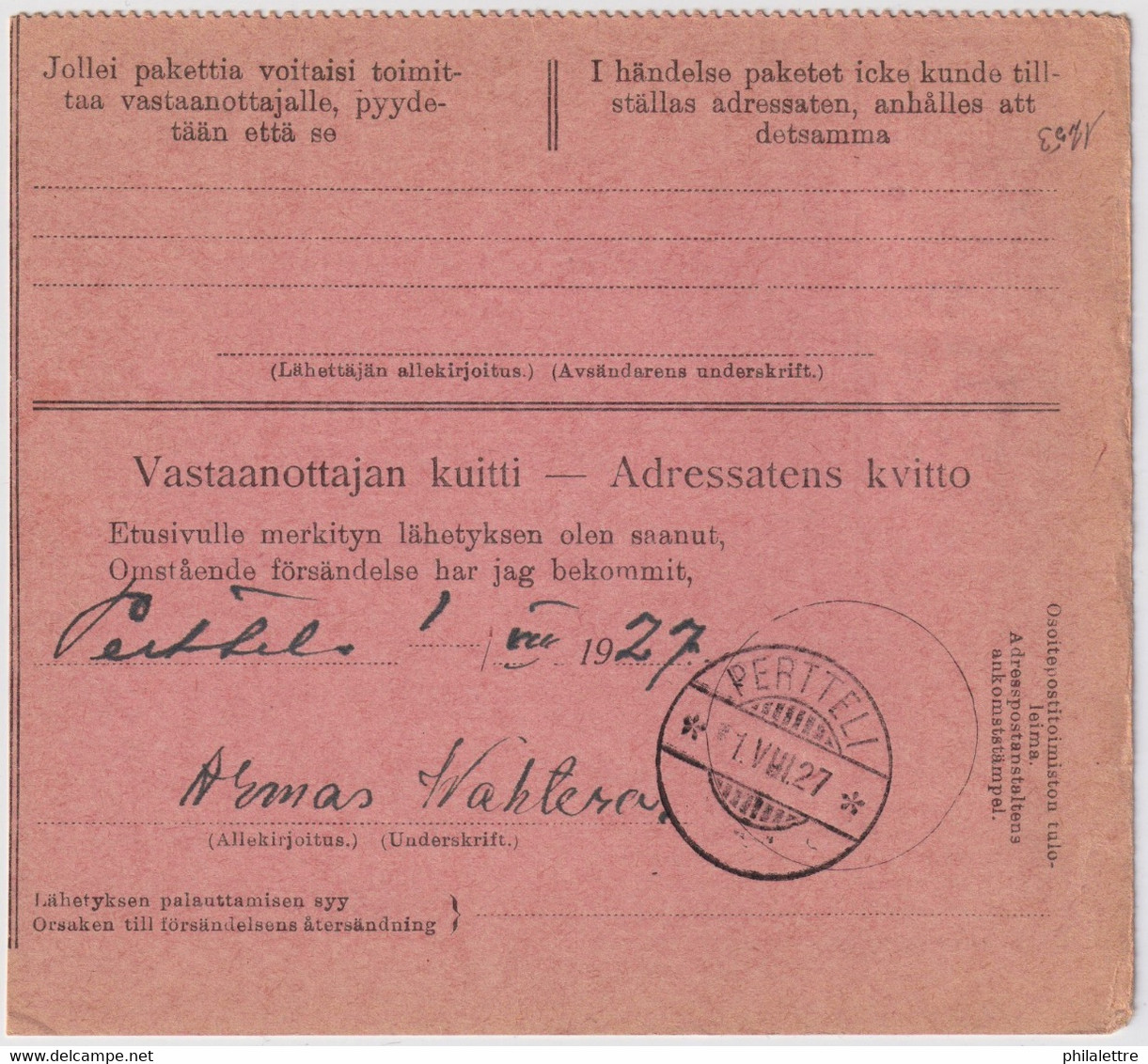 FINLANDE / SUOMI FINLAND 1927 TURKU-ÅBO To PERTTELI - Postiennakko-Osoitekortti / COD Address Card - Covers & Documents