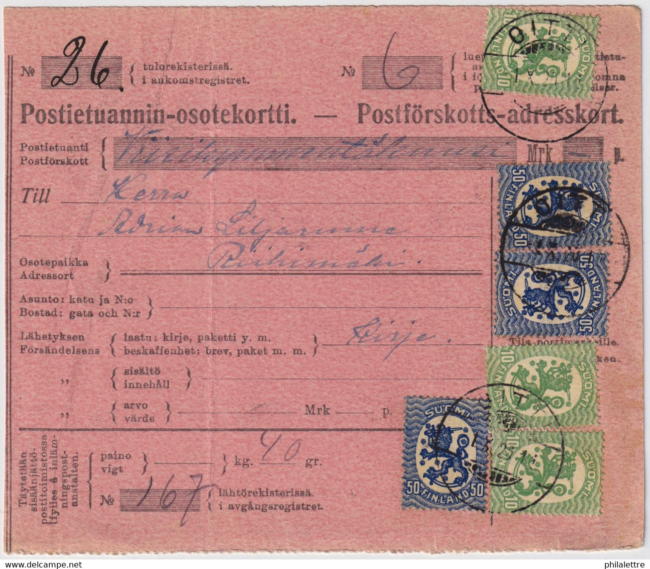 FINLANDE / SUOMI FINLAND 1920 OITTI To RIIHIMÄKI - Postiennakko-Osoitekortti / COD Address Card - Storia Postale