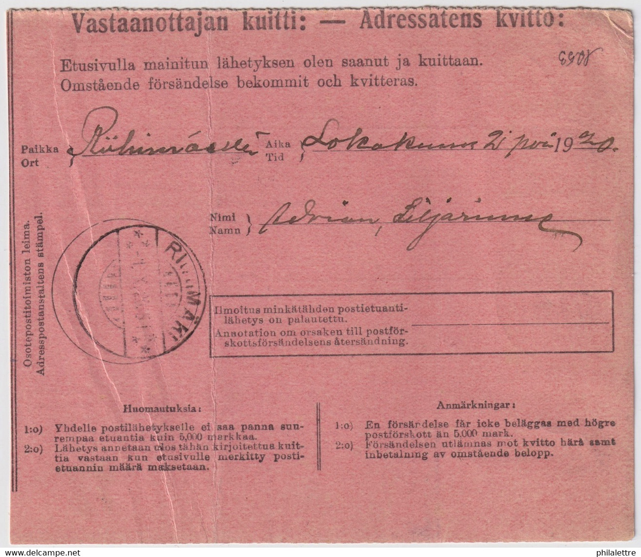 FINLANDE / SUOMI FINLAND 1920 OITTI To RIIHIMÄKI - Postiennakko-Osoitekortti / COD Address Card - Brieven En Documenten