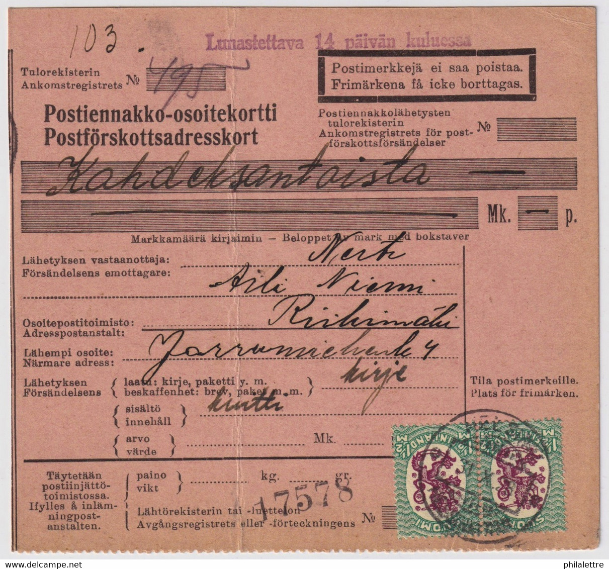 FINLANDE / SUOMI FINLAND 1928 HELSINKI To RIIHIMÄKI - Postiennakko-Osoitekortti / COD Address Card - Cartas & Documentos