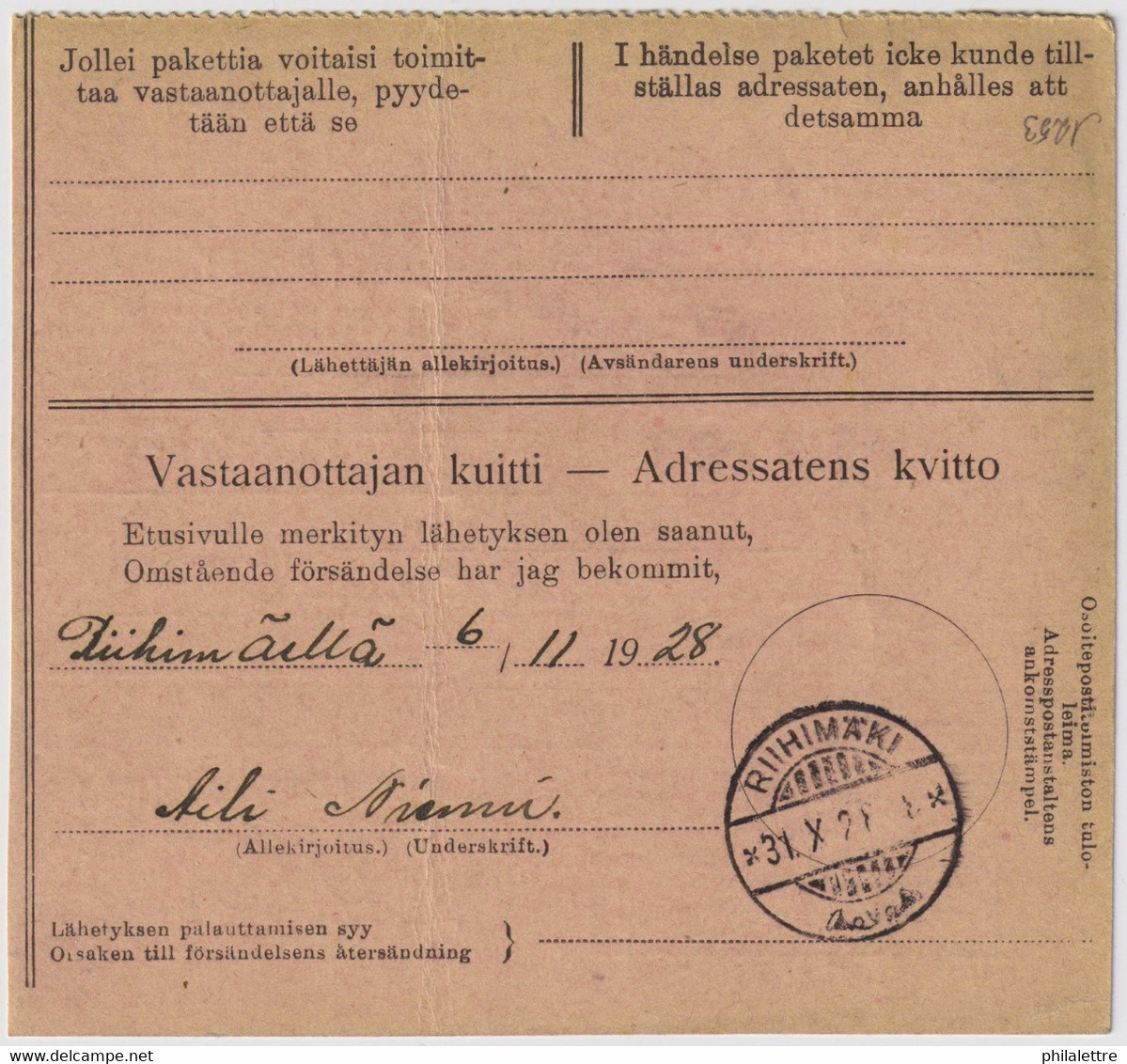 FINLANDE / SUOMI FINLAND 1928 HELSINKI To RIIHIMÄKI - Postiennakko-Osoitekortti / COD Address Card - Cartas & Documentos