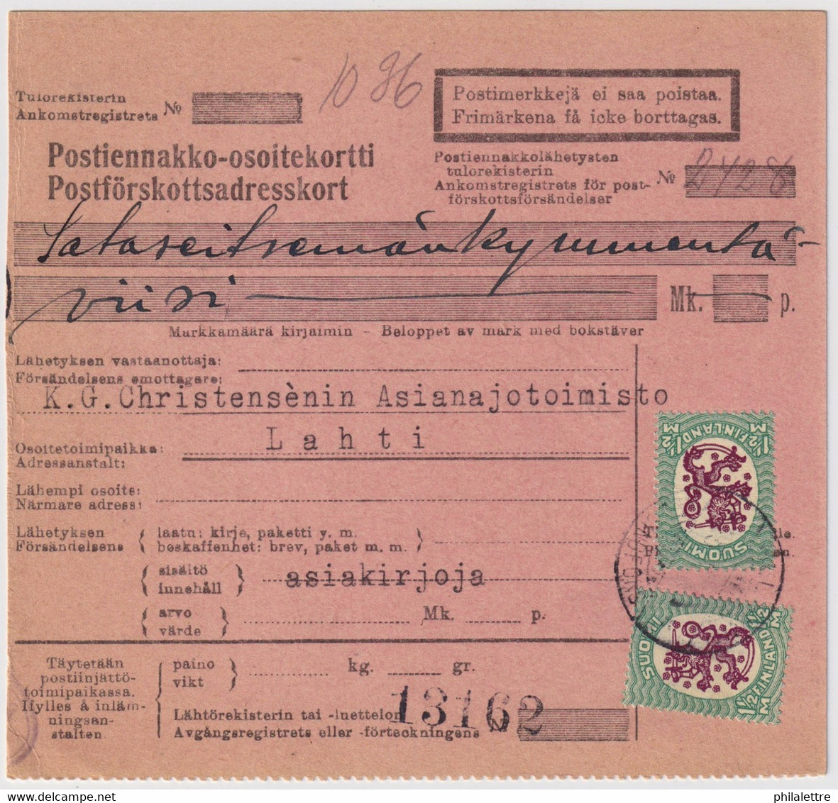 FINLANDE / SUOMI FINLAND 1929 HELSINKI To LAHTI - Postiennakko-Osoitekortti / COD Address Card - Briefe U. Dokumente