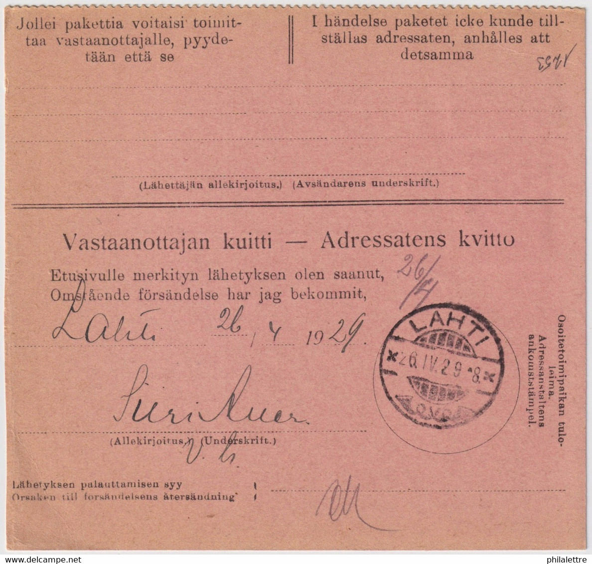 FINLANDE / SUOMI FINLAND 1929 HELSINKI To LAHTI - Postiennakko-Osoitekortti / COD Address Card - Cartas & Documentos