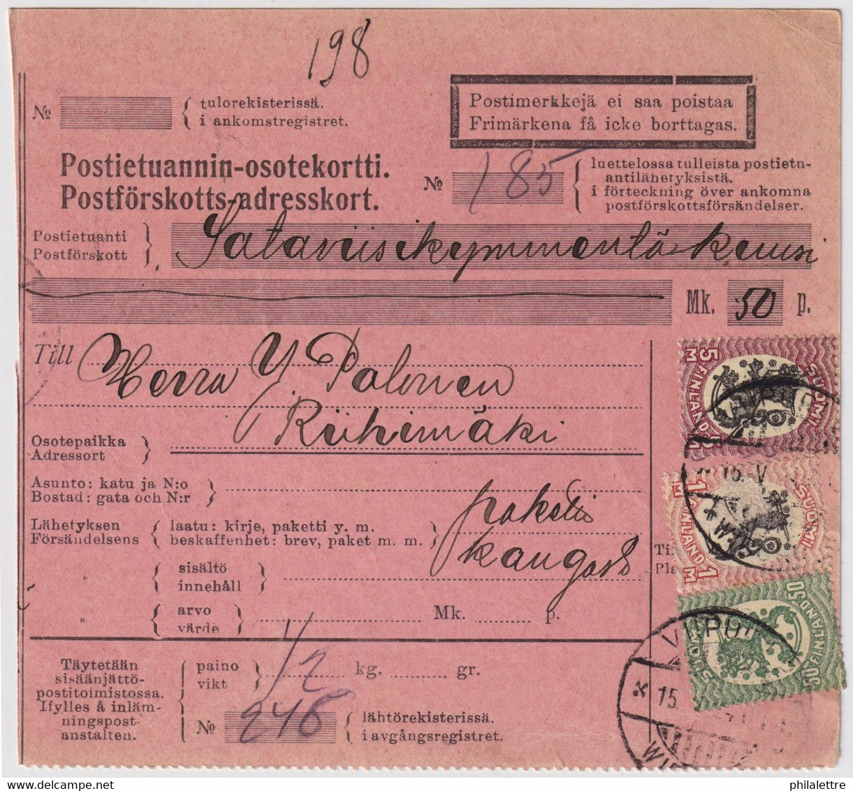 FINLANDE / SUOMI FINLAND 1924 VIIPURI To RIIHIMÄKI - Postiennakko-Osoitekortti / COD Address Card - Cartas & Documentos
