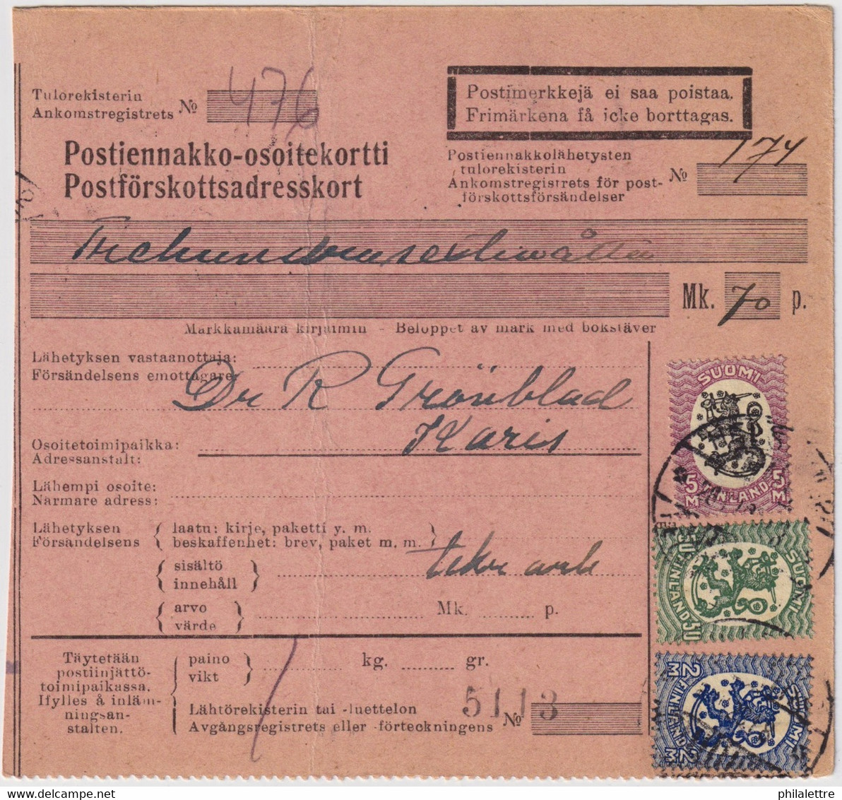 FINLANDE / SUOMI FINLAND 1922 HELSINKI To KARIS - Postiennakko-Osoitekortti / COD Address Card - Lettres & Documents