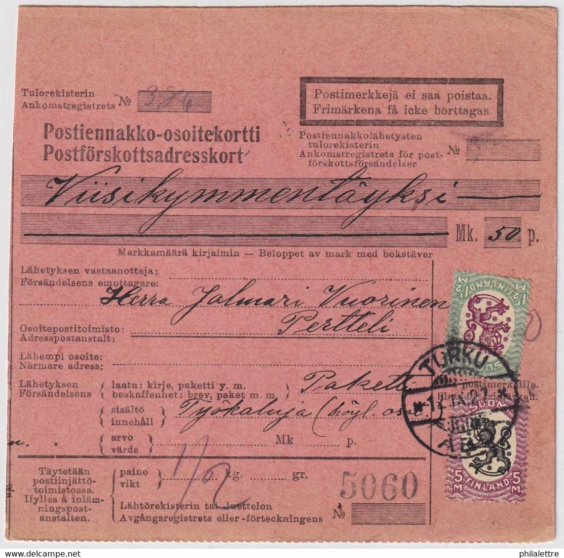 FINLANDE / SUOMI FINLAND 1927 TURKO-ÅBO To PERTELLI - Postiennakko-Osoitekortti / COD Address Card - Brieven En Documenten