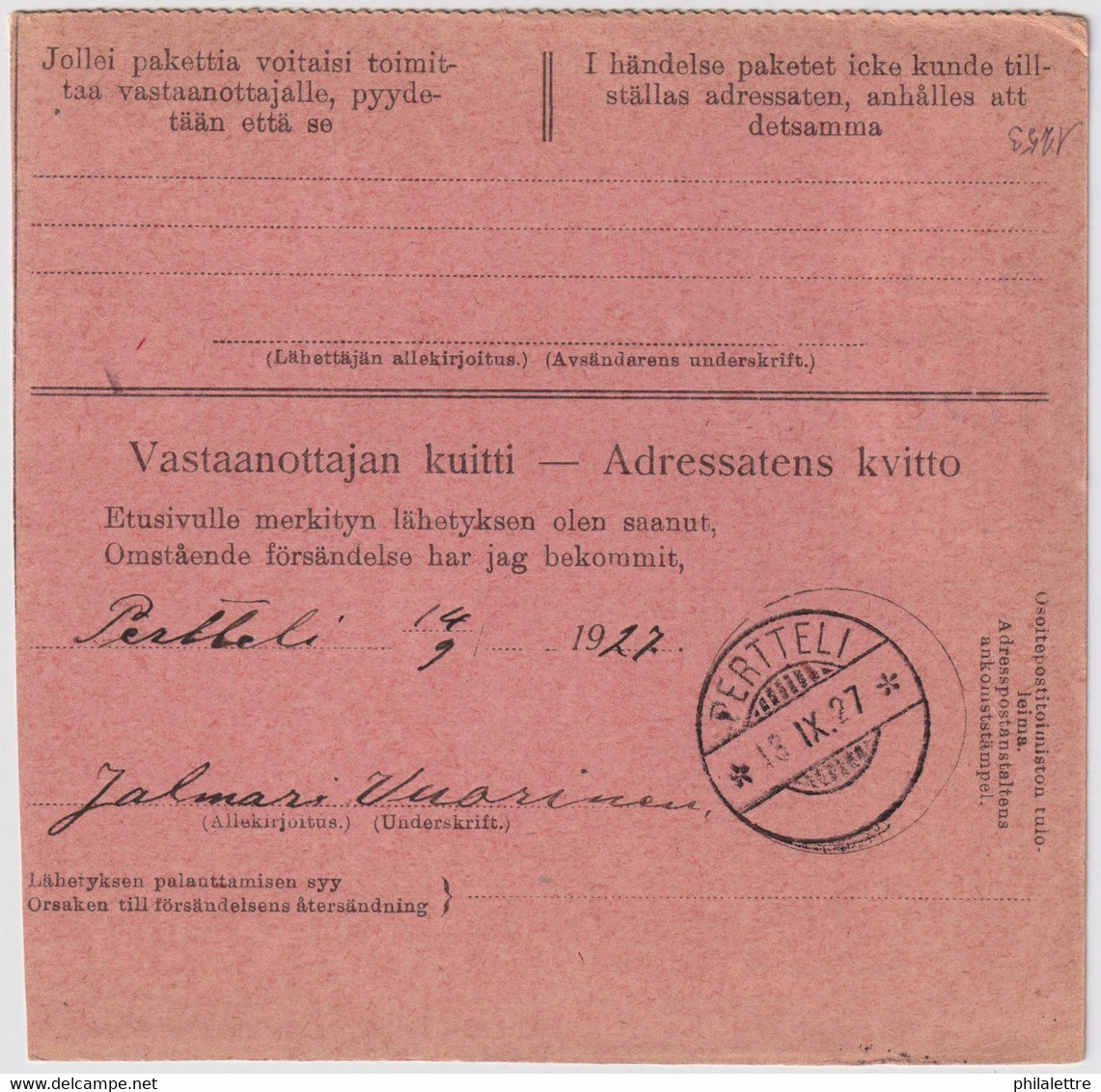 FINLANDE / SUOMI FINLAND 1927 TURKO-ÅBO To PERTELLI - Postiennakko-Osoitekortti / COD Address Card - Briefe U. Dokumente