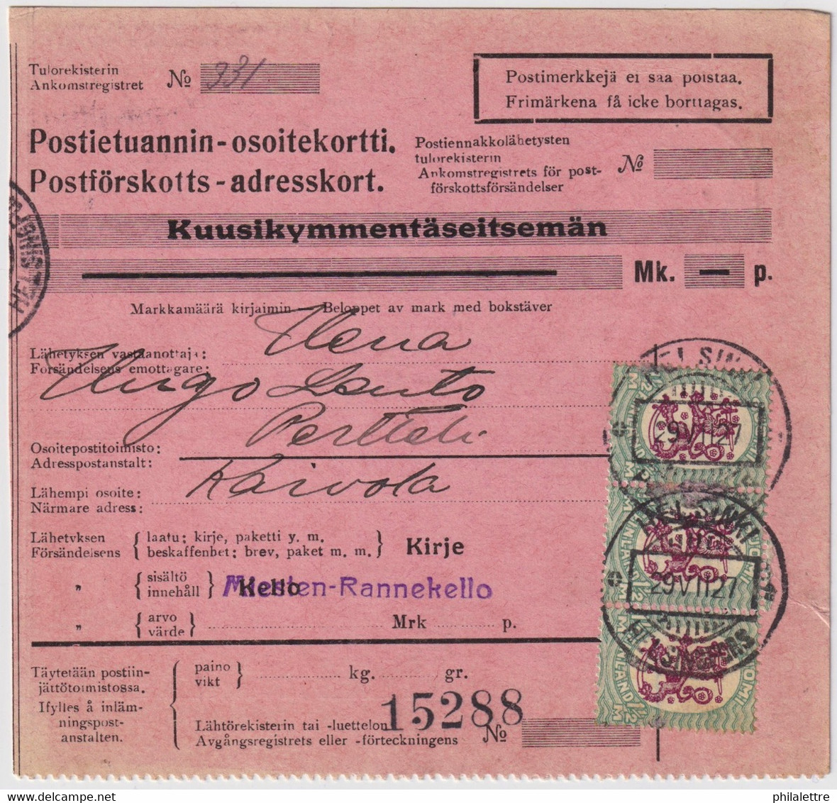 FINLANDE / SUOMI FINLAND 1927 HELSINKI To PERTELLI - Postiennakko-Osoitekortti / COD Address Card - Brieven En Documenten