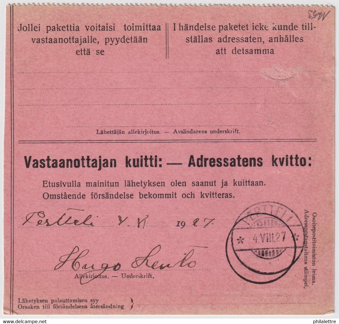 FINLANDE / SUOMI FINLAND 1927 HELSINKI To PERTELLI - Postiennakko-Osoitekortti / COD Address Card - Brieven En Documenten