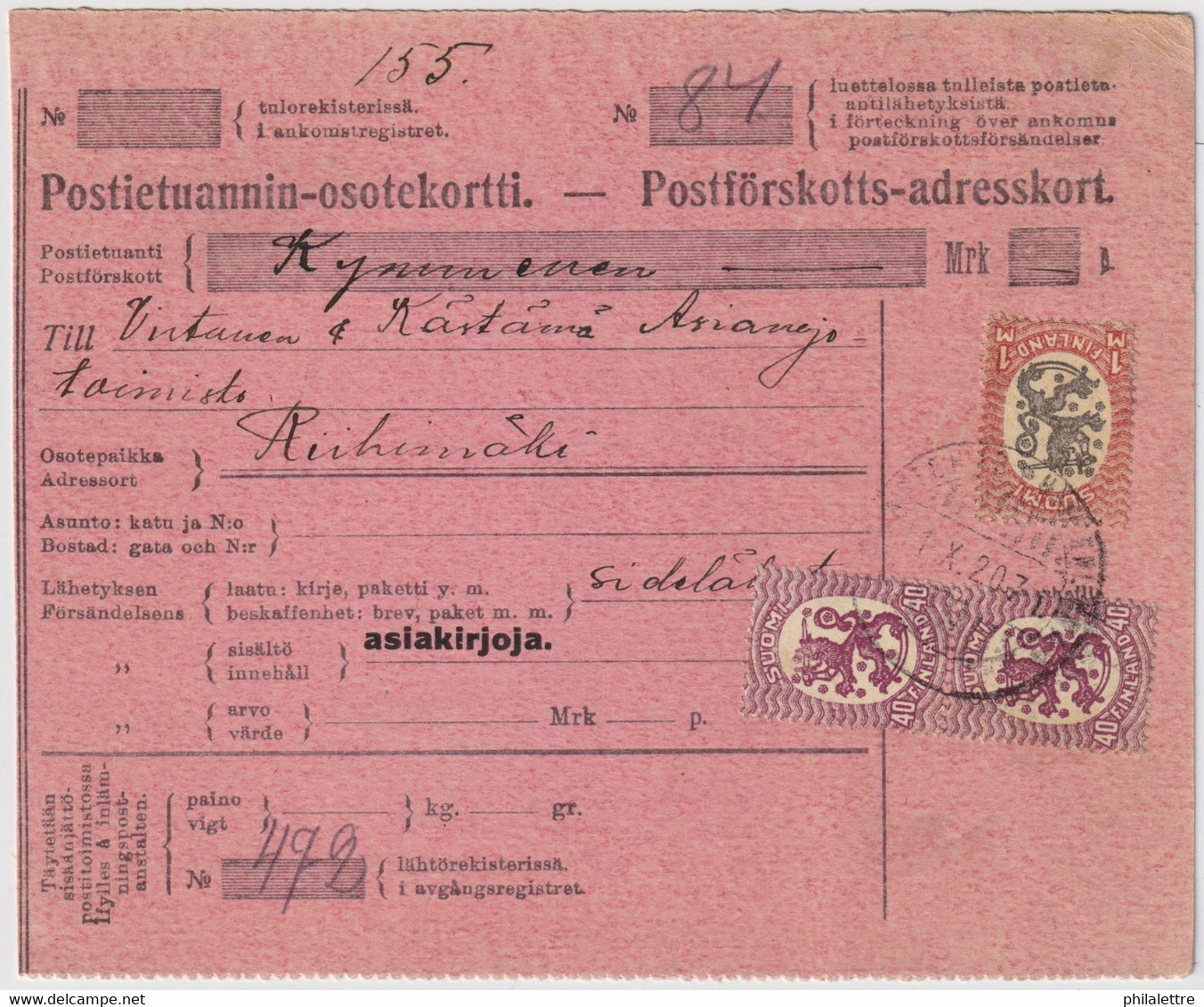 FINLANDE / SUOMI FINLAND 1920 HELSINKI To RIIHIMÄKI - Postiennakko-Osoitekortti / COD Address Card - Cartas & Documentos