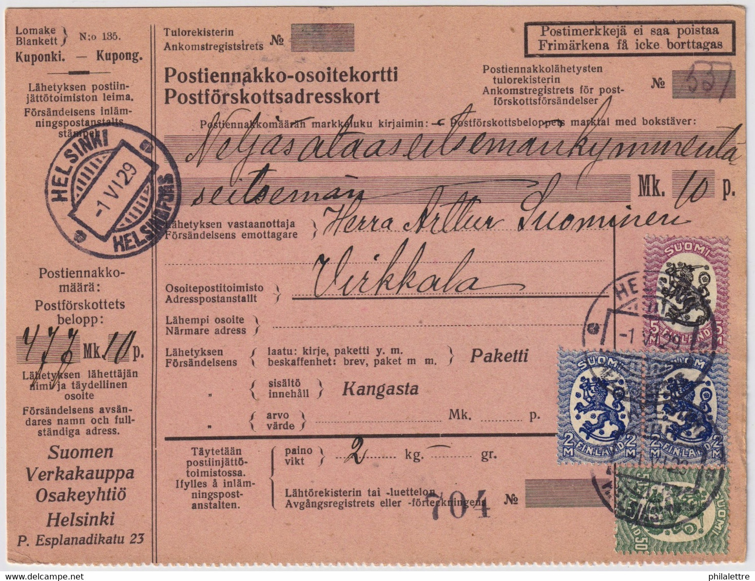 FINLANDE / SUOMI FINLAND 1929 HELSINKI To VIRKKALA-VIRKBY - Postiennakko-Osoitekortti / COD Address Card - Briefe U. Dokumente