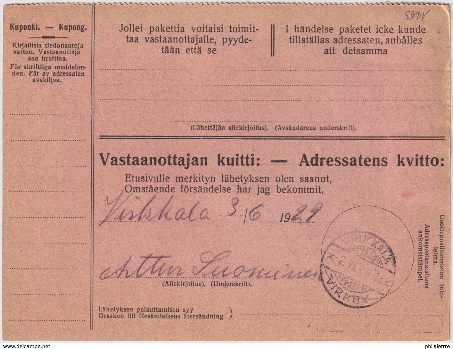 FINLANDE / SUOMI FINLAND 1929 HELSINKI To VIRKKALA-VIRKBY - Postiennakko-Osoitekortti / COD Address Card - Briefe U. Dokumente