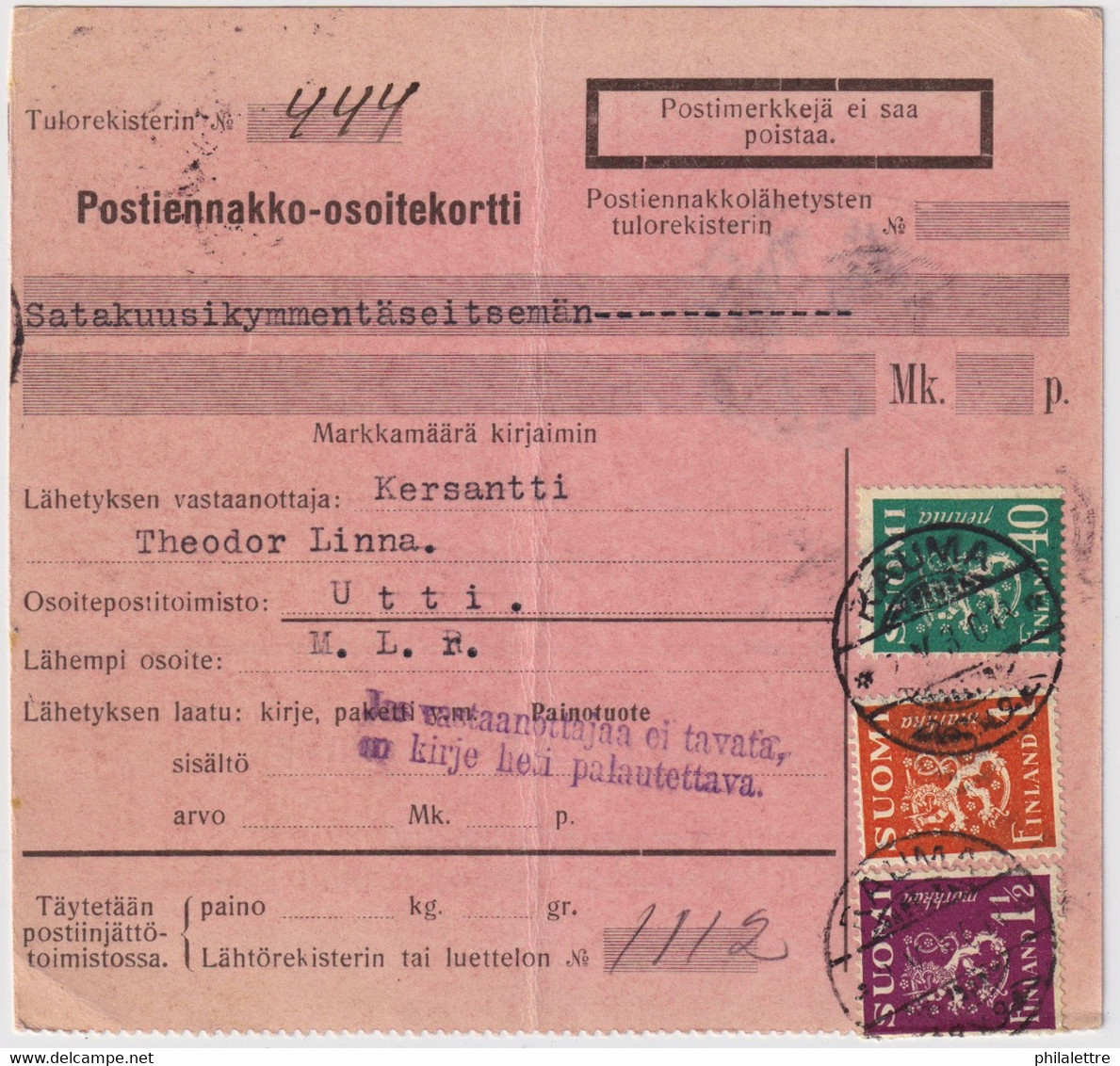 FINLANDE / SUOMI FINLAND 1930 RAUMA To UTTI - Postiennakko-Osoitekortti / COD Address Card - Storia Postale