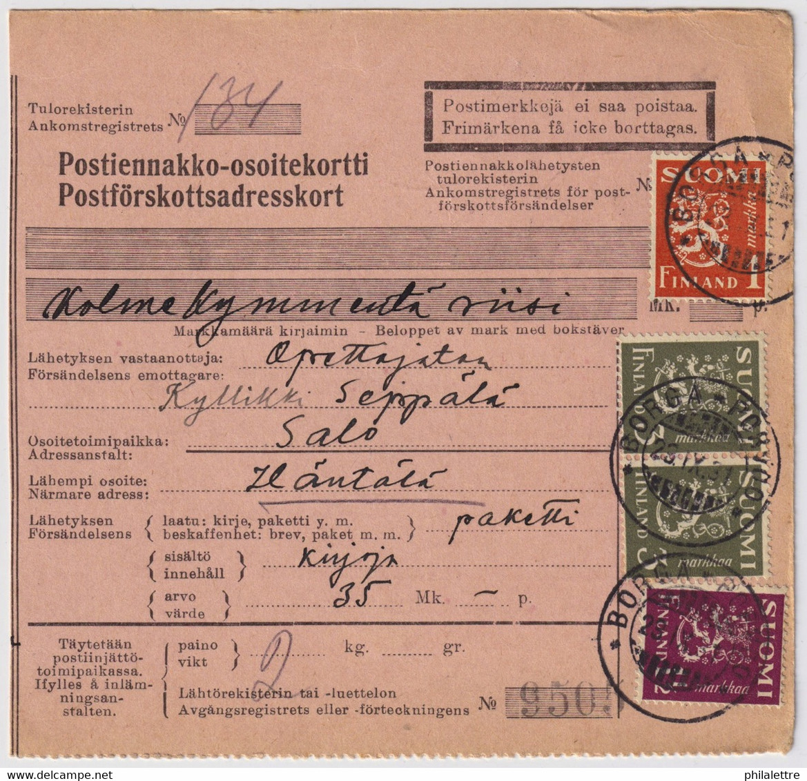 FINLANDE / SUOMI FINLAND 1931 BORGA-PORVOO To HÄNTÄLÄ - Postiennakko-Osoitekortti / COD Address Card - Storia Postale