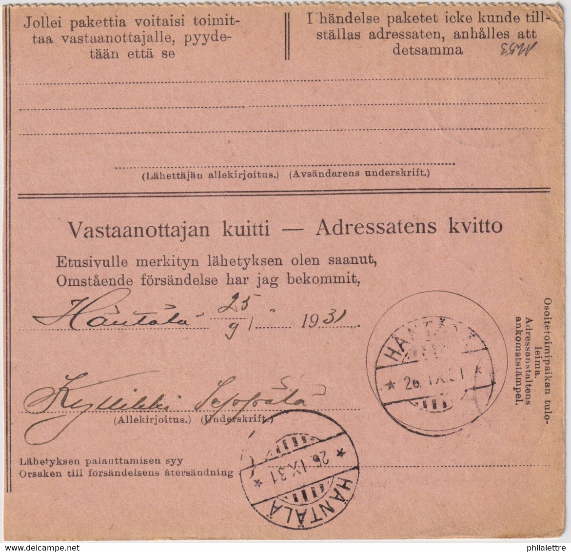 FINLANDE / SUOMI FINLAND 1931 BORGA-PORVOO To HÄNTÄLÄ - Postiennakko-Osoitekortti / COD Address Card - Covers & Documents