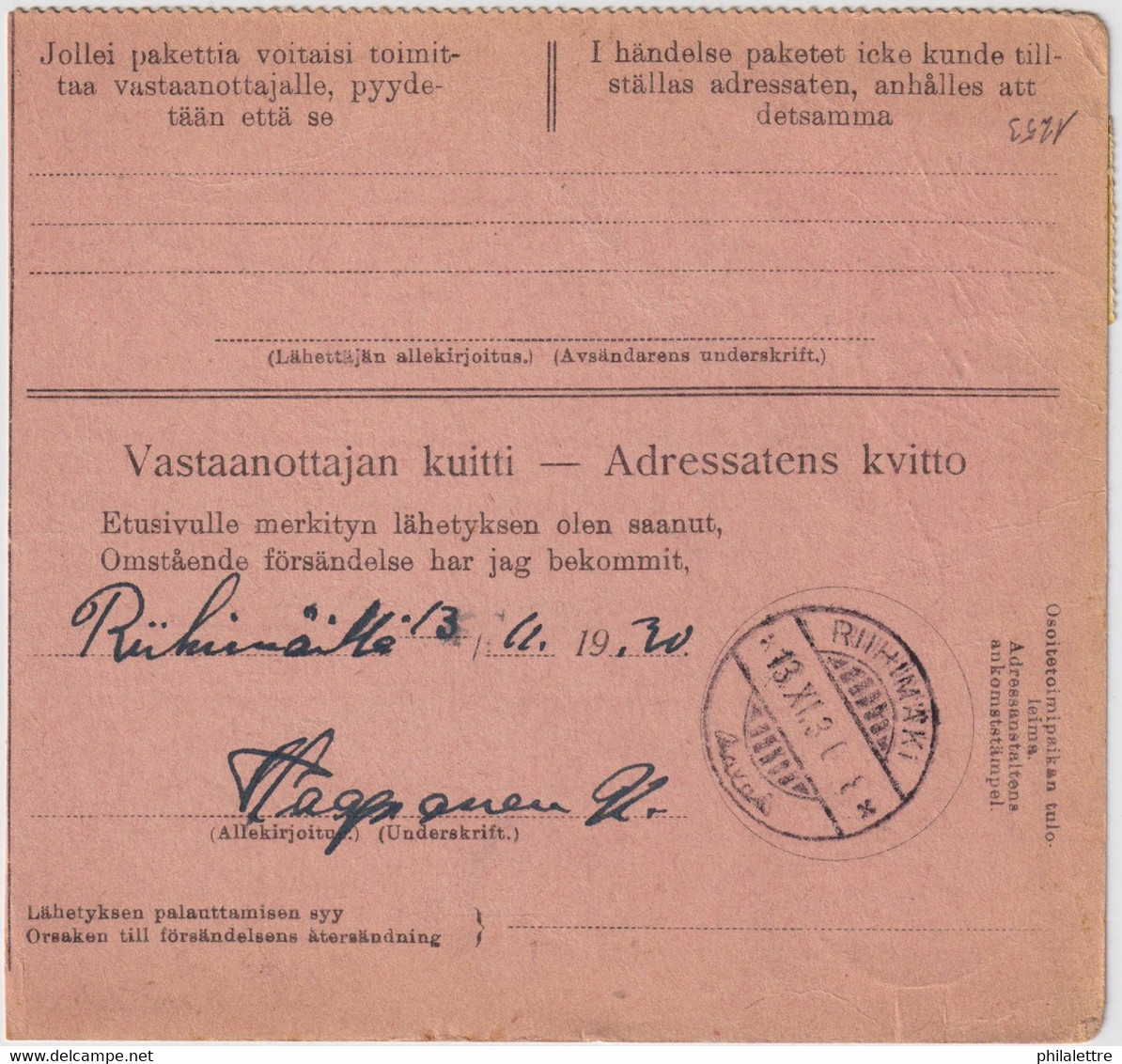 FINLANDE / SUOMI FINLAND 1930 TERIUOKI To RIIHIMÄKI - Postiennakko-Osoitekortti / COD Address Card - Briefe U. Dokumente