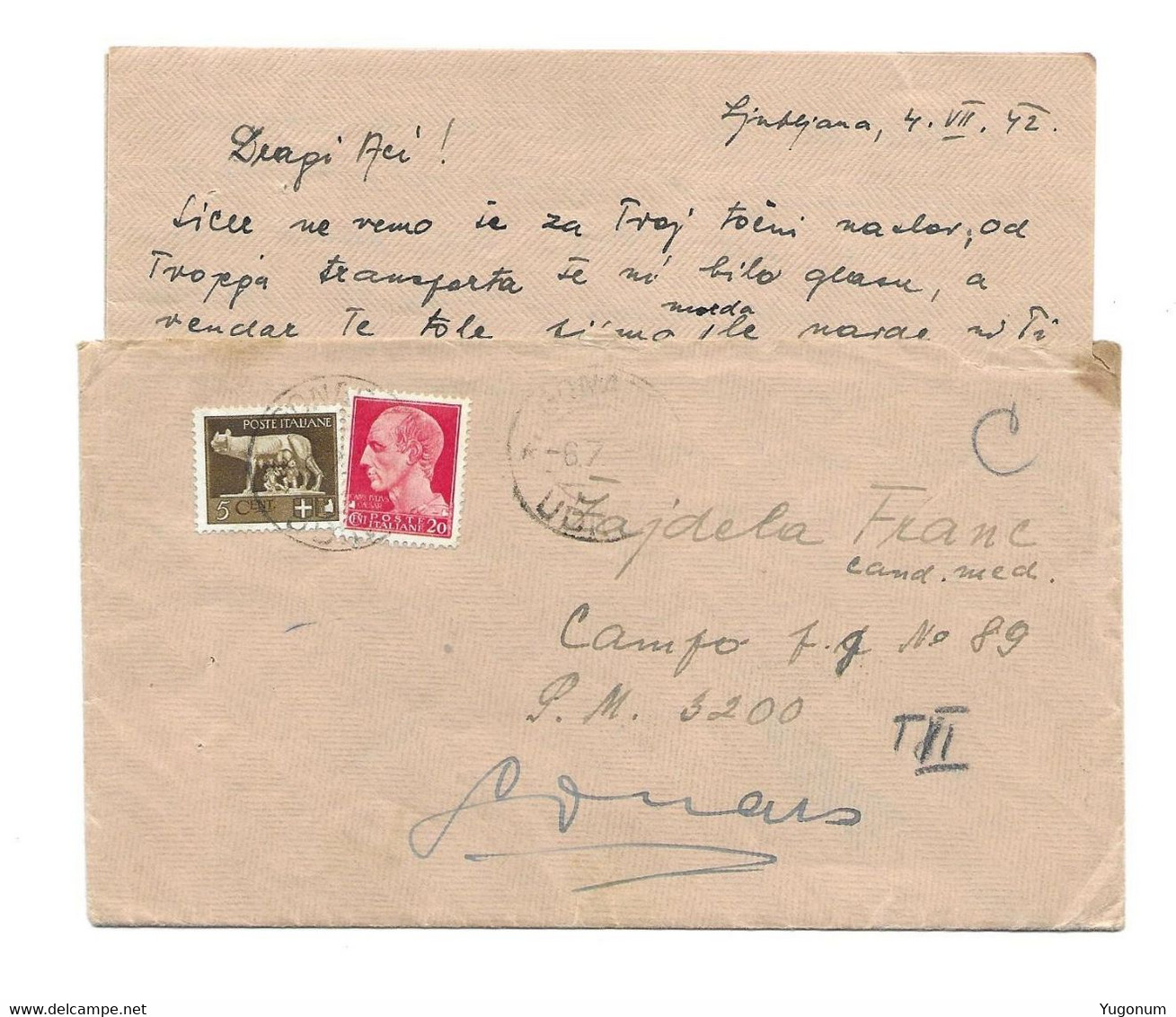 ITALY WWII 1942 Letter Sent From LUBIANA -> Concenetration Camp No 89 GONARS  (No 2156) - Lubiana