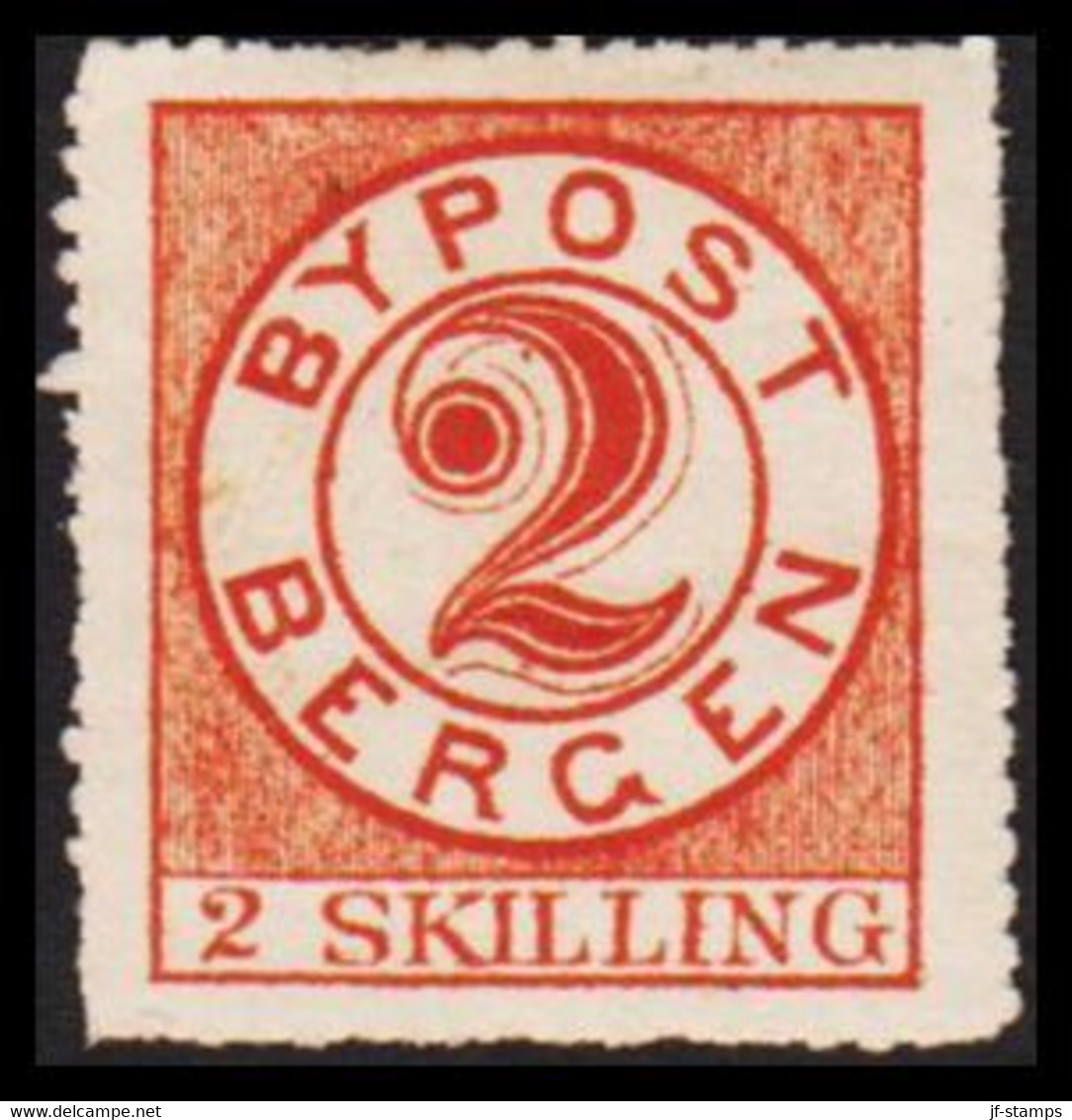 1888. NORGE. BERGEN BYPOST 2 SKILLING. Perforated. Hinged. Thin Spot.  - JF529860 - Emisiones Locales