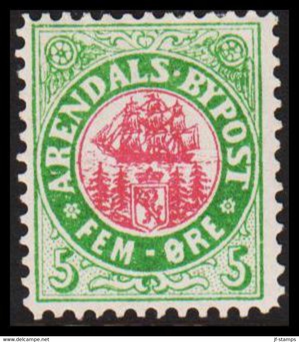 1888. NORGE. ARENDAHLS BYPOST FEM ÖRE. Hinged.  - JF529862 - Lokale Uitgaven