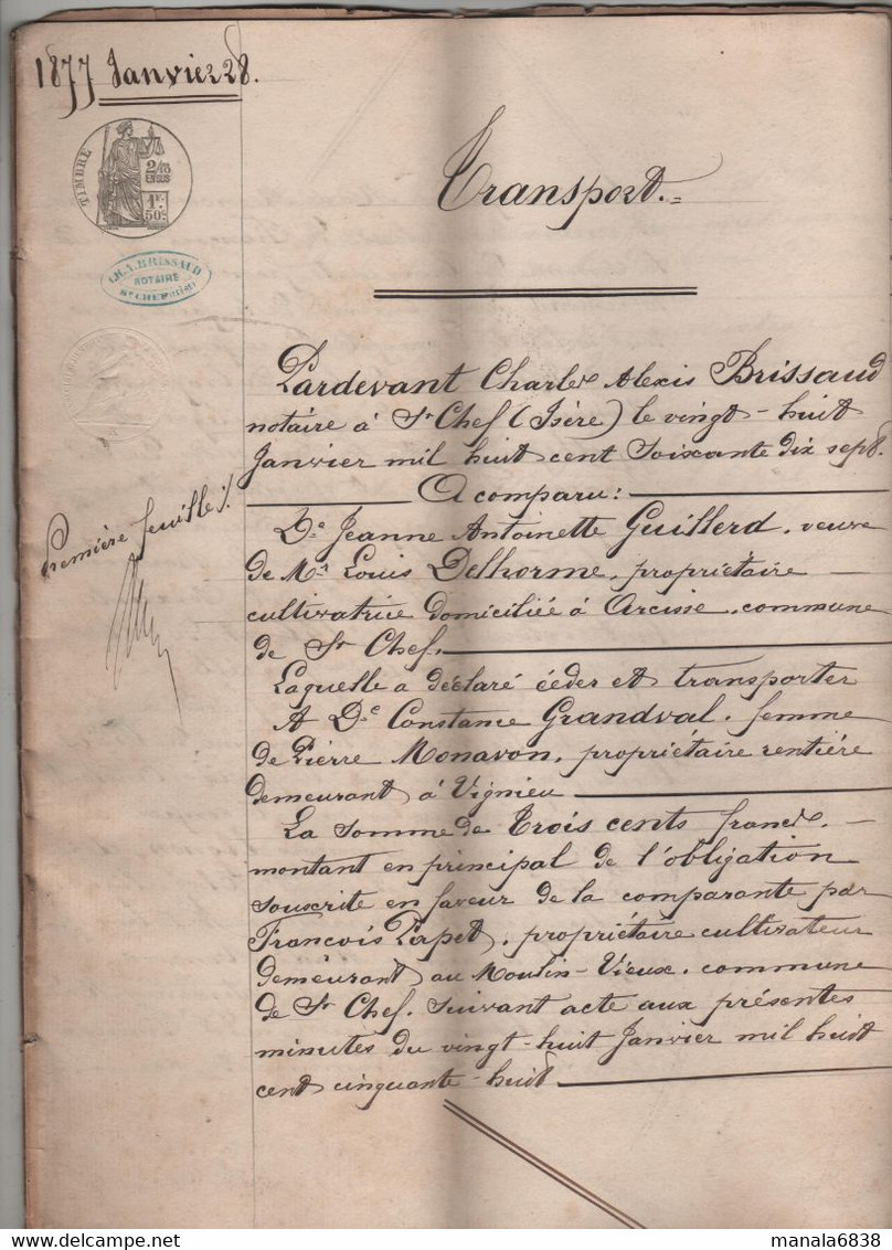 Transport 1877 Guillerd Delhorme Arcisse Grandval Monavon Vignieu Papet Moulin Vieux Ugnon Gadoux Chomard ... - Manuscripts