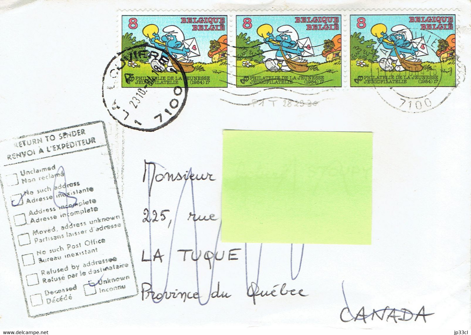 Lettre Vers La Tuque (QC) Avec 3 Timbres "Schtroumpf" (Smurf) + Cachet Return To Sender - No Such Adress (23/10/1984) - Brieven En Documenten