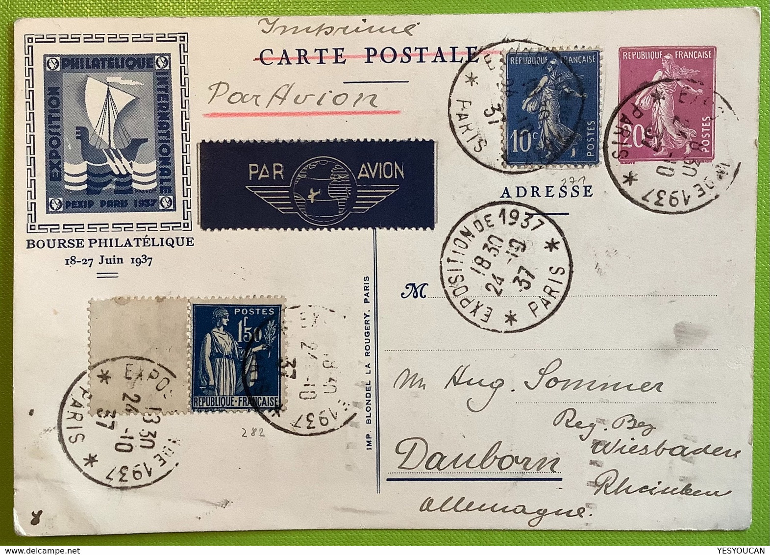 PEXIP PARIS 1937 Tarif Imprimé Par Avion R ! France Entier Postal C.p Semeuse>Dauborn (Wiesbaden Exposition Philatelique - Cartes Postales Types Et TSC (avant 1995)