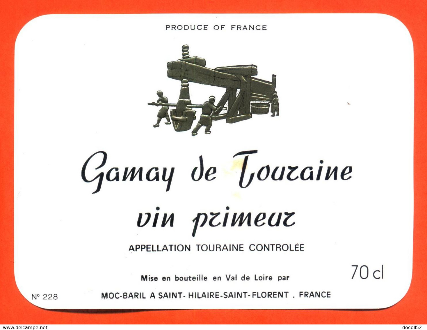 Etiquette Neuve De Vin Gamay De Touraine Primeur Caves Moc-baril à Saint Hilaire Saint Florent - 70cl - Vin De Pays D'Oc