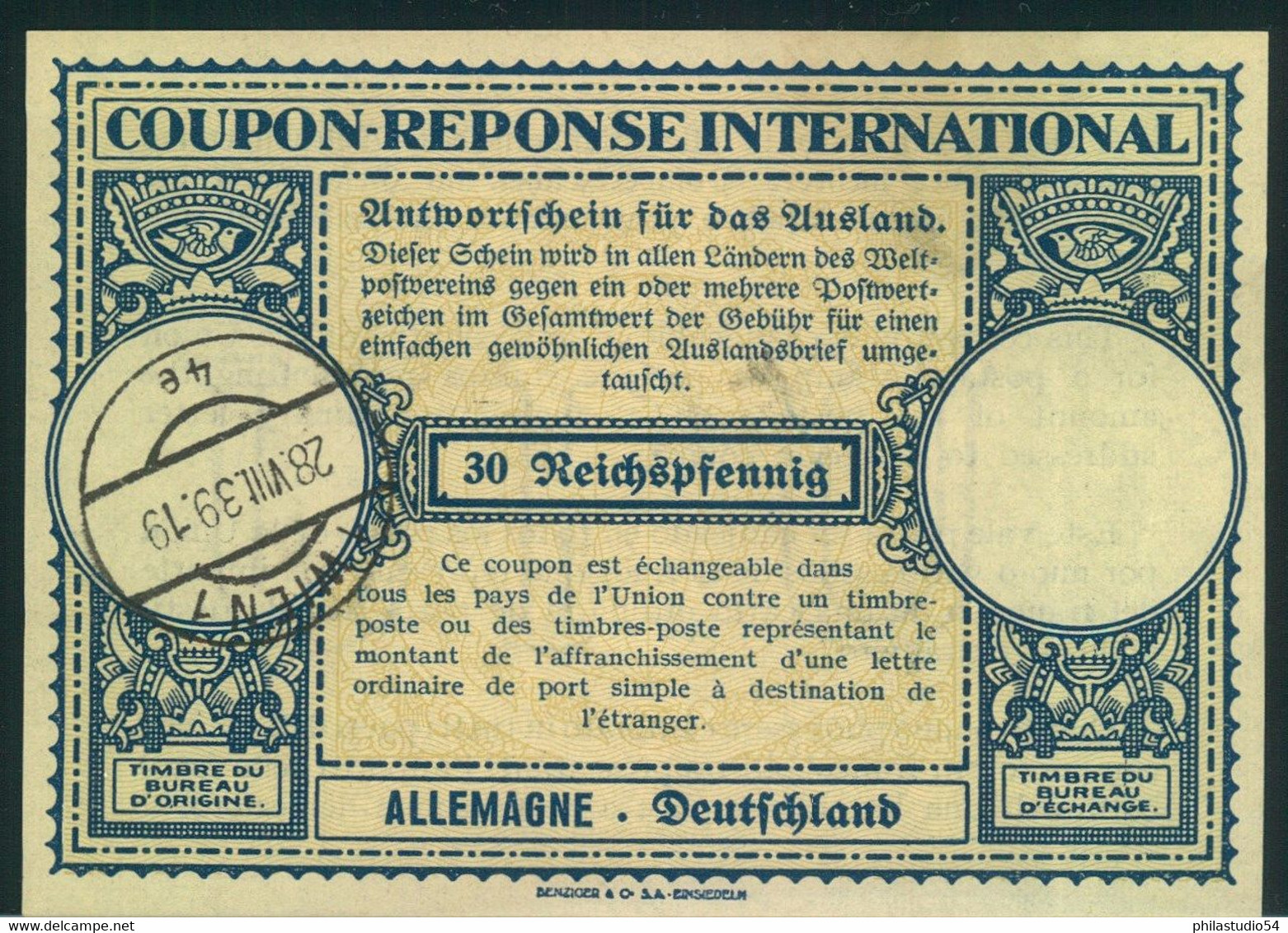 1939, OSTMARK: Deutscher Internationaler Antwortsschein Gestempelt "WIEN 1 28.VIII.39" - Otros & Sin Clasificación