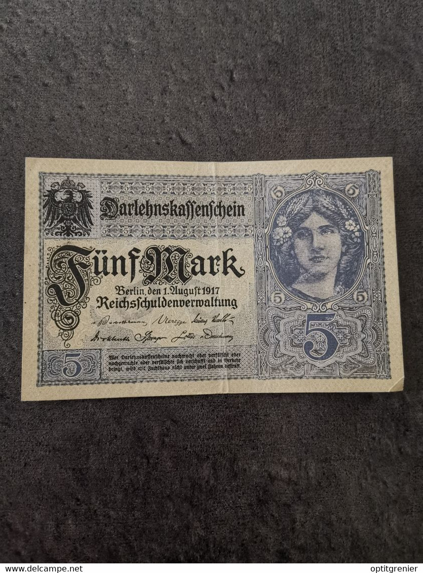 BILLET 5 MARK DARLEHNSKASSENSCHEIN 1 8 1917 ALLEMAGNE / GERMANY BANKNOTE - Non Classés