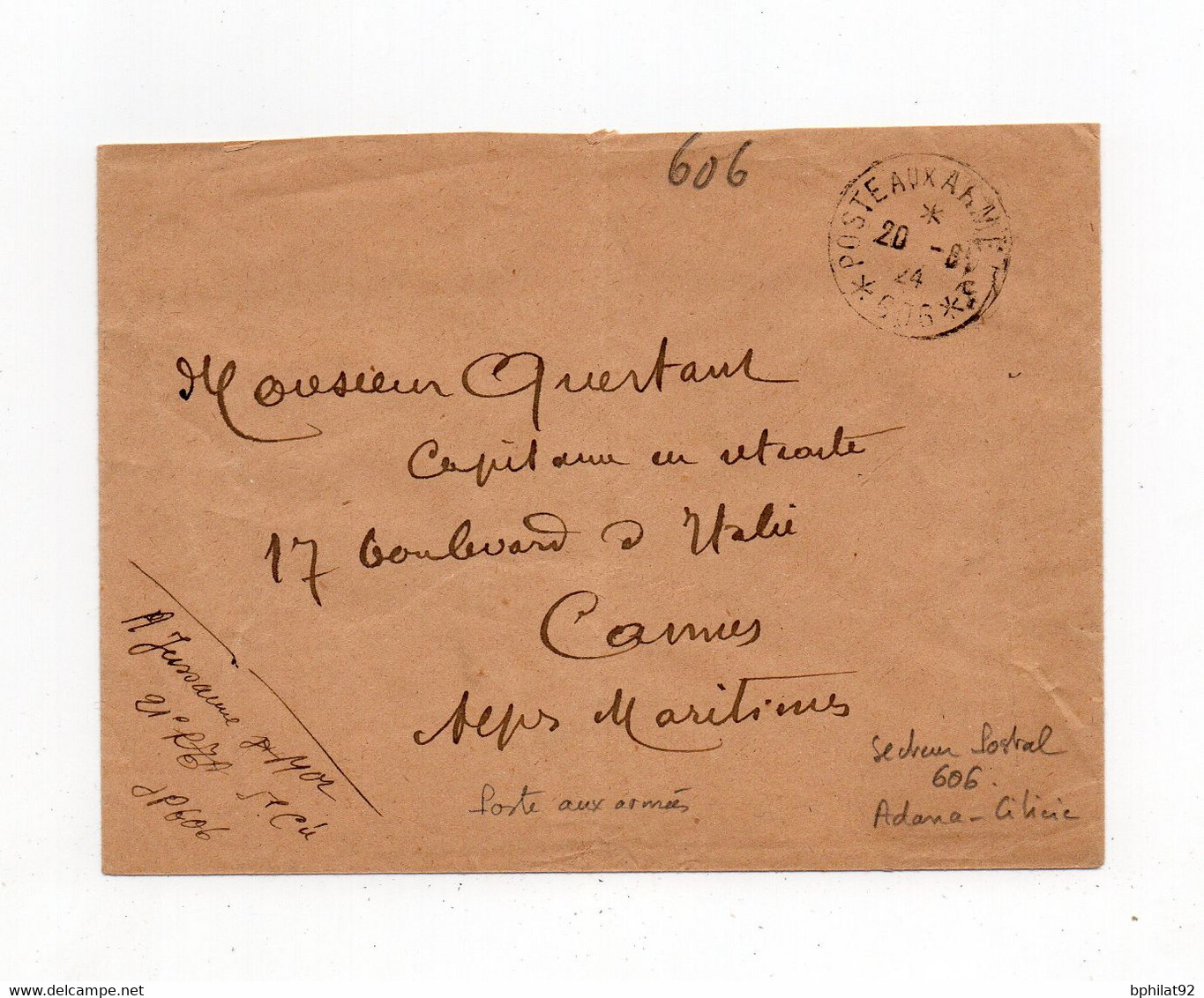 !!! LETTRE EN FRANCHISE DE 1924 POUR CANNES, CACHET POSTE AUX ARMEES SECTEUR POSTAL 606 - ADANA - CILICIE - Covers & Documents