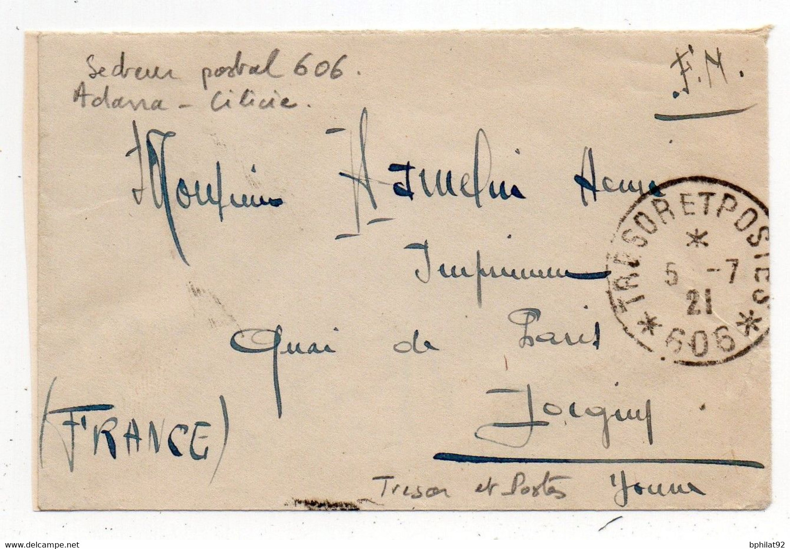 !!! LETTRE EN FRANCHISE DE 1921 POUR JOIGNY, CACHET POSTE AUX ARMEES SECTEUR POSTAL 606 - ADANA - CILICIE - Lettres & Documents