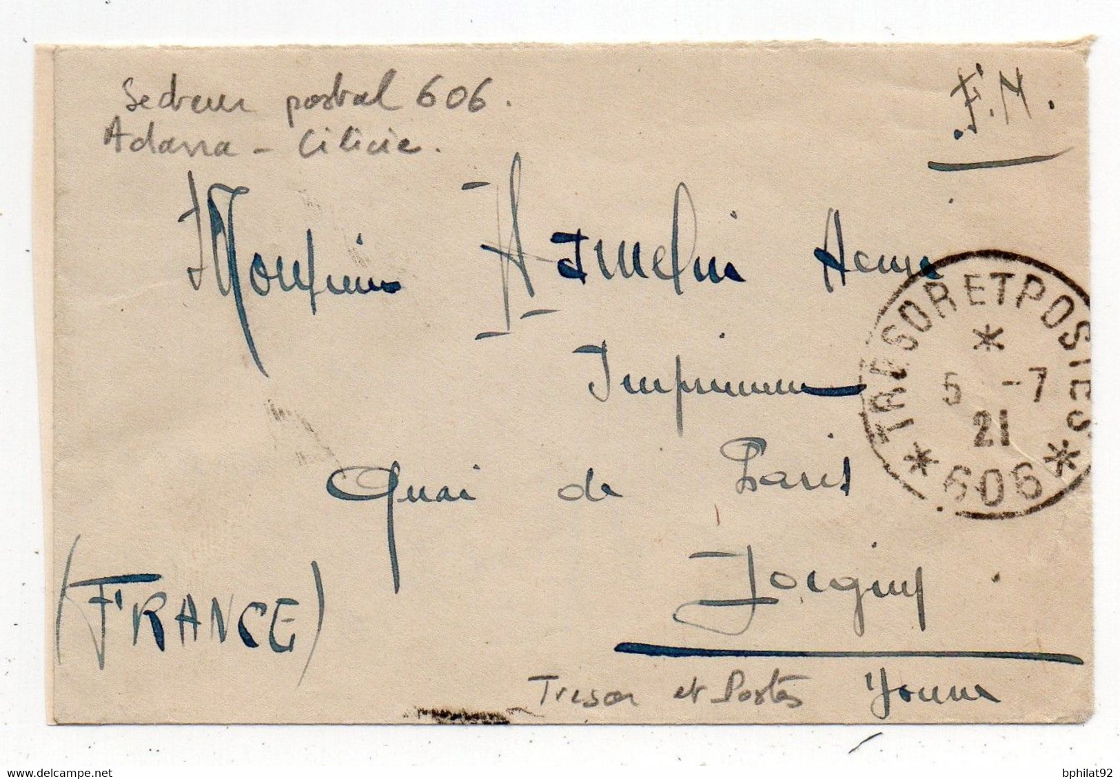 !!! LETTRE EN FRANCHISE DE 1921 POUR JOIGNY, CACHET POSTE AUX ARMEES SECTEUR POSTAL 606 - ADANA - CILICIE - Covers & Documents