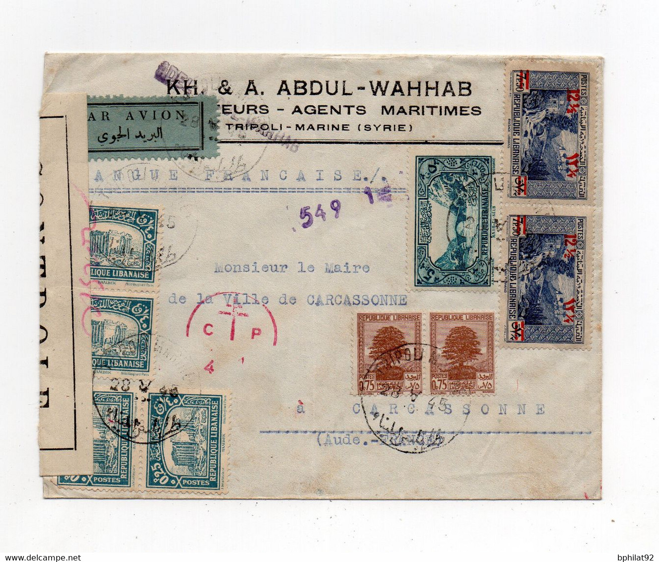 !!! GRAND LIBAN, LETTRE PAR AVION DE TRIPOLI POUR CARCASSONNE DU 28/5/1945 AVEC CENSURES - Covers & Documents