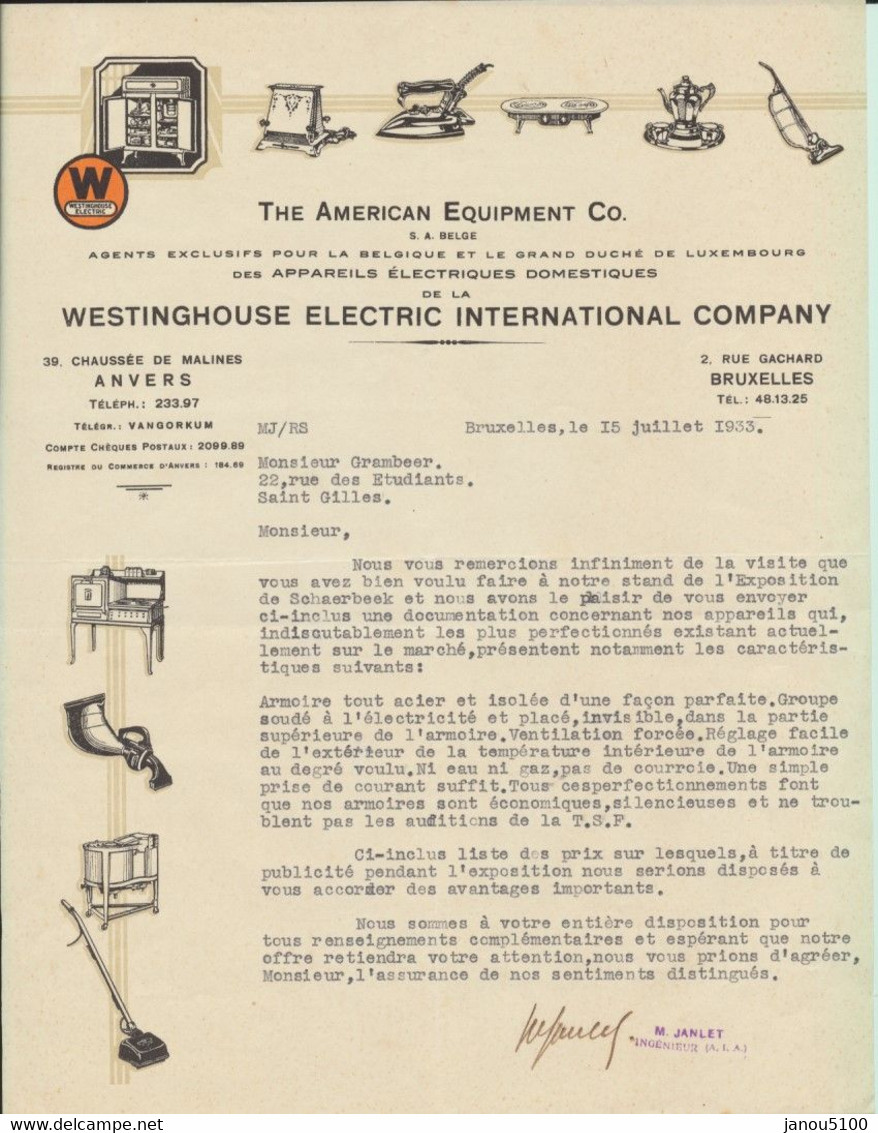 VIEUX PAPIERS          DOCUMENT COMMERCIAL             WESTINGHOUSE COMPANY.        1933. - Elektrizität & Gas