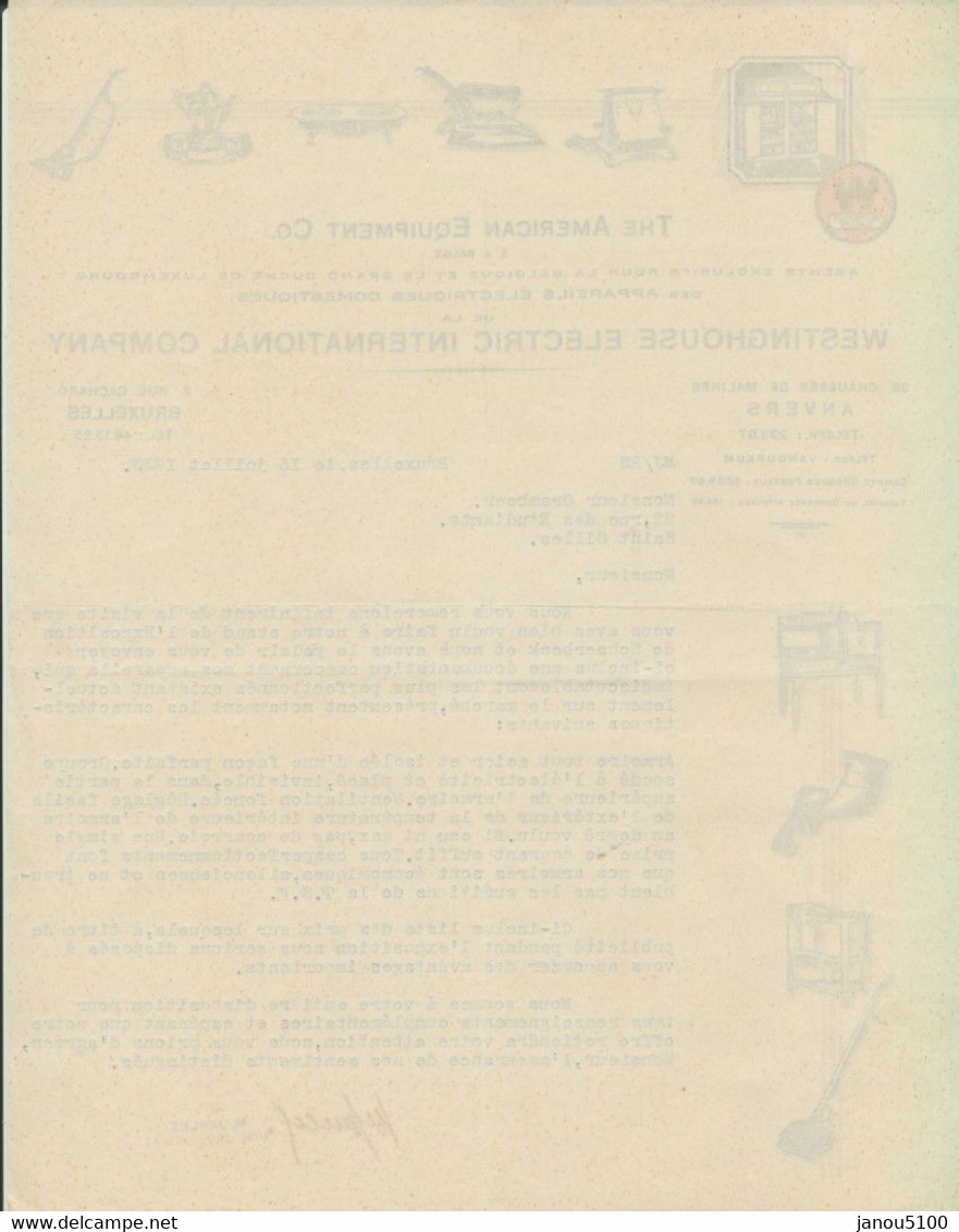 VIEUX PAPIERS          DOCUMENT COMMERCIAL             WESTINGHOUSE COMPANY.        1933. - Elektriciteit En Gas