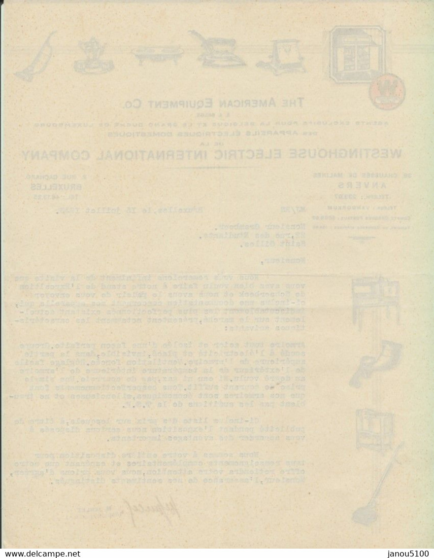 VIEUX PAPIERS          DOCUMENT COMMERCIAL             WESTINGHOUSE COMPANY.        1933. - Electricidad & Gas