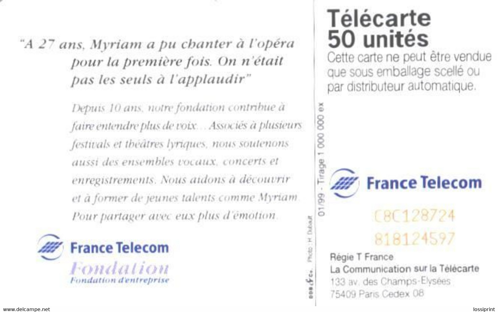 France:Used Phonecard, France Telecom, 50 Units, Opera Singer - 1999