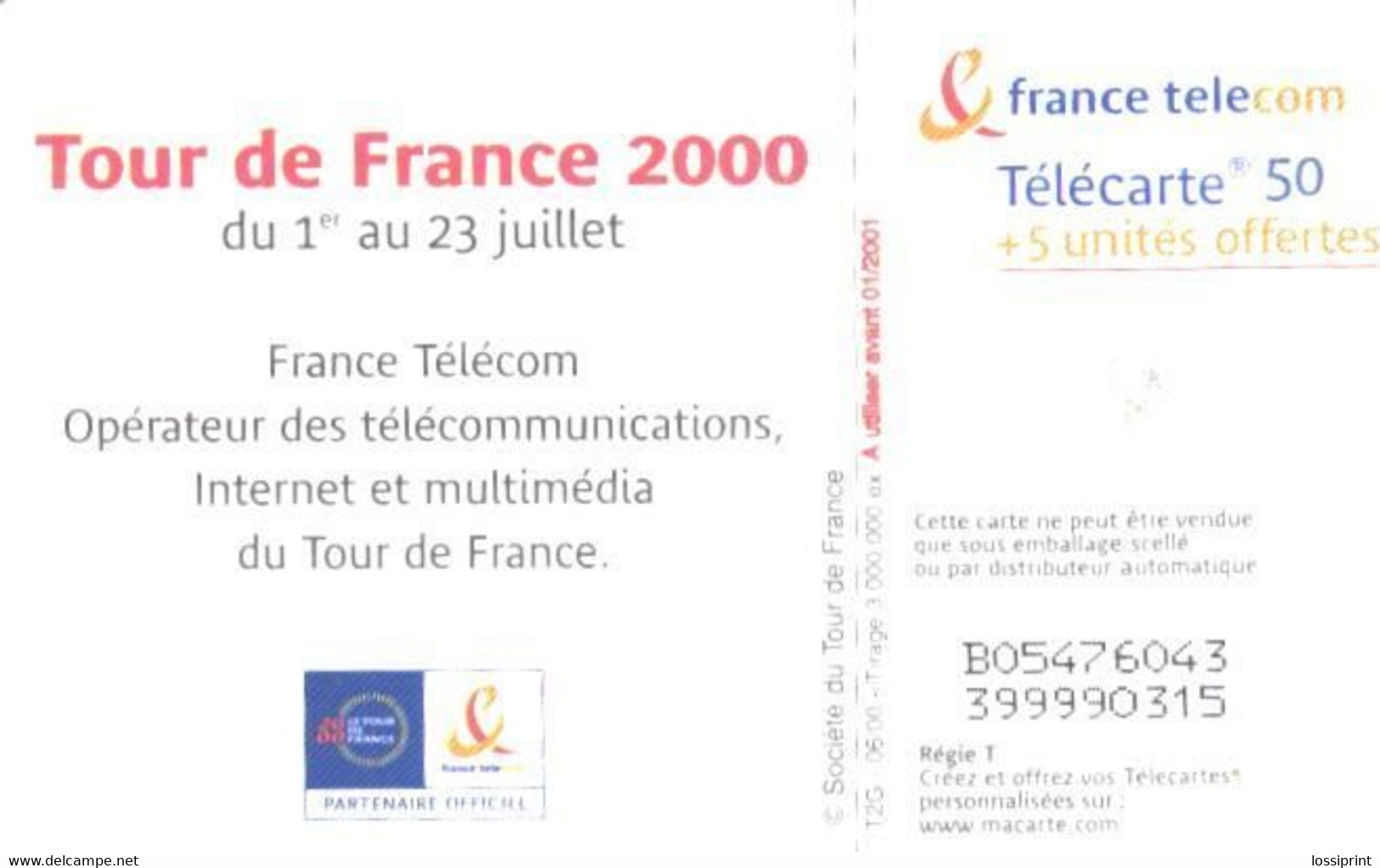 France:Used Phonecard, France Telecom, 50 Units, Tour De France 2000 - 2000