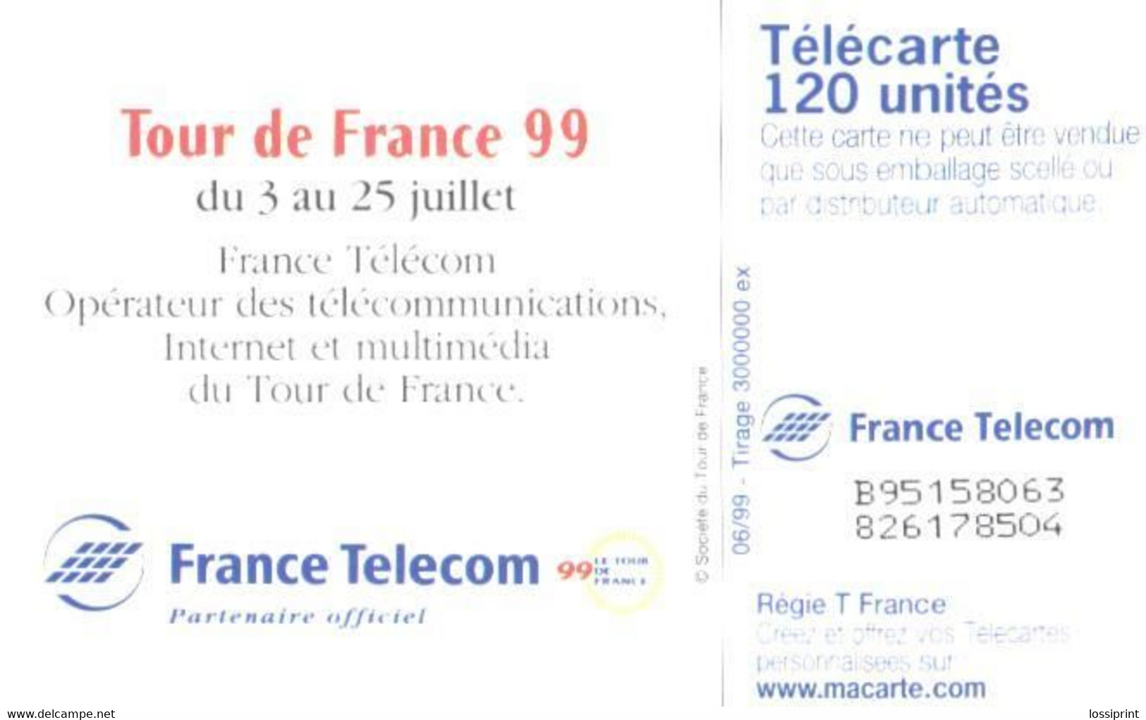 France:Used Phonecard, France Telecom, 120 Units, Tour De France 99 - 1999