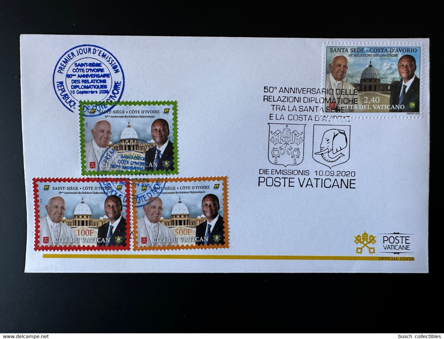 Vatican Côte D'Ivoire Ivory Coast 2020 Joint FDC Issue 1er Jour Emission Commune 50 Ans Relations Pape Pope President - Emissions Communes