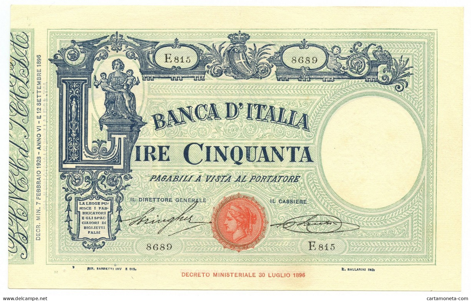 50 LIRE BARBETTI GRANDE L MATRICE LATERALE TESTINA FASCIO 07/02/1928 SUP- - Regno D'Italia – Autres