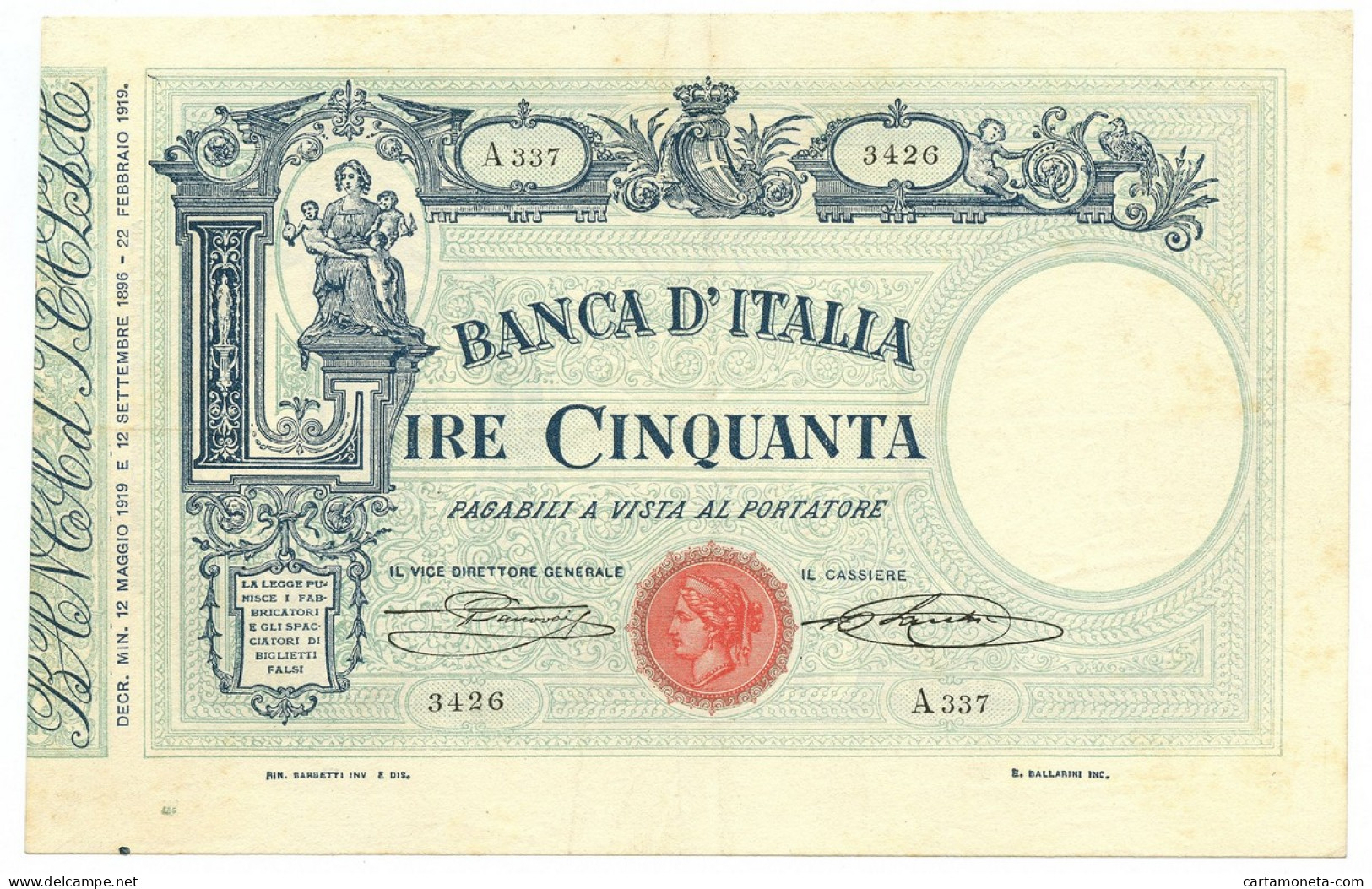 50 LIRE BARBETTI GRANDE L MATRICE TESTINA DECRETO CANOVAI 12/05/1919 BB+ - Regno D'Italia – Autres