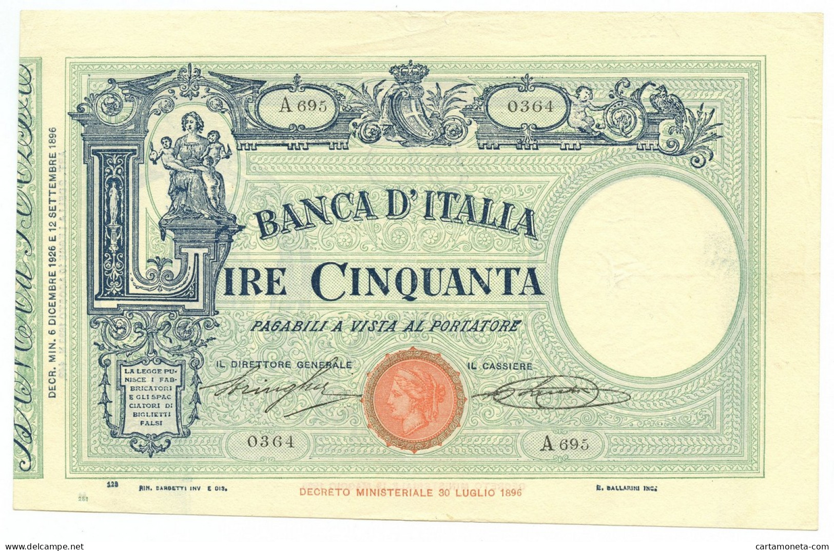 50 LIRE BARBETTI GRANDE L MATRICE LATERALE TESTINA FASCIO 06/12/1926 BB/SPL - Regno D'Italia - Altri