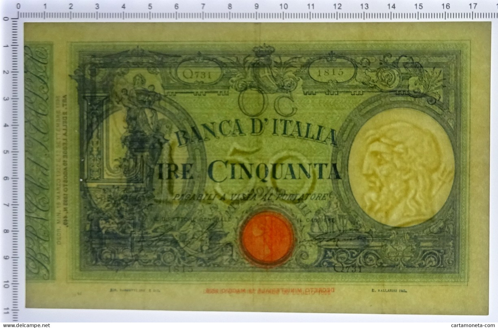 50 LIRE BARBETTI GRANDE L MATRICE LATERALE TESTINA FASCIO 16/03/1927 BB+ - Regno D'Italia – Autres