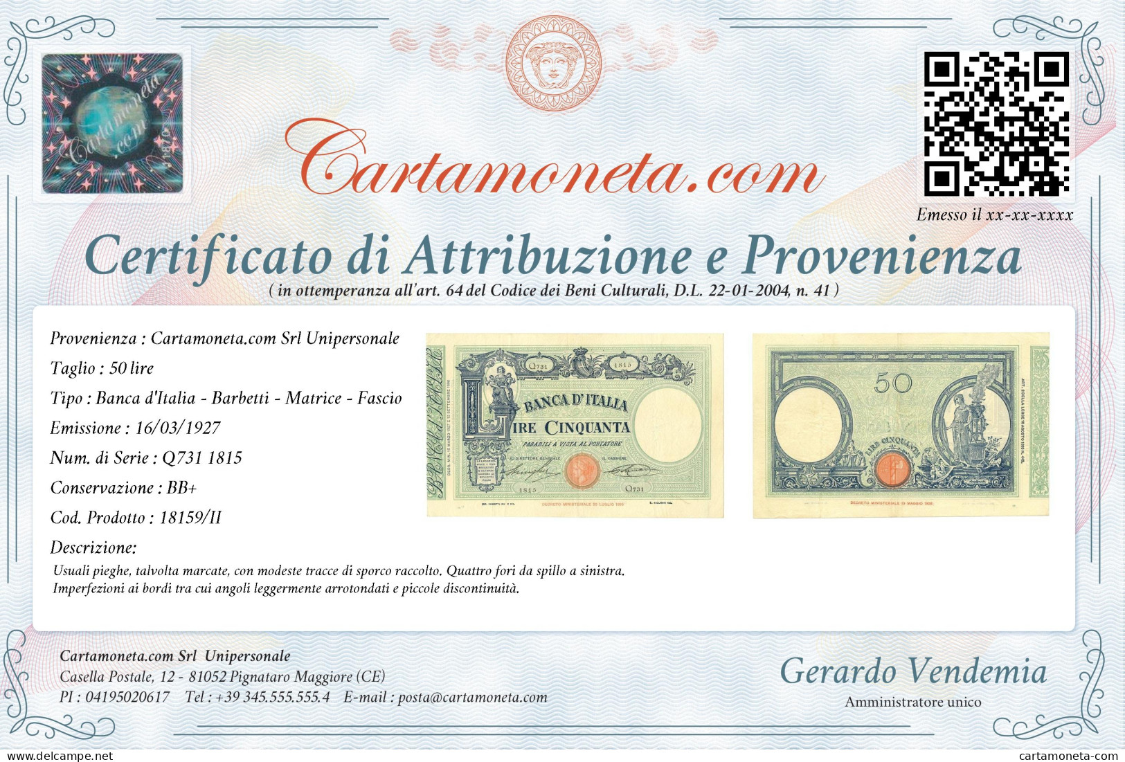 50 LIRE BARBETTI GRANDE L MATRICE LATERALE TESTINA FASCIO 16/03/1927 BB+ - Regno D'Italia – Autres